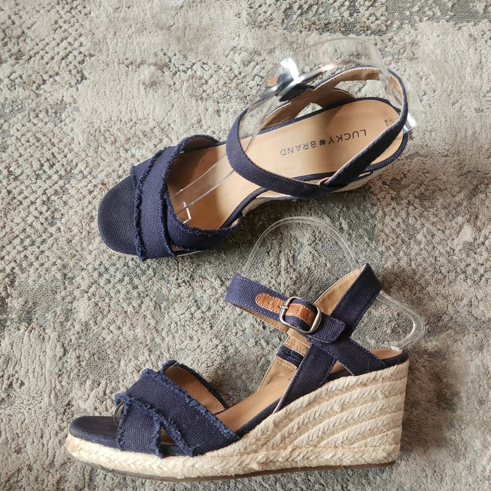 Lucky Brand Margaline Size 8 Espadrille Wedge Sandals Blue Ankle Strap
